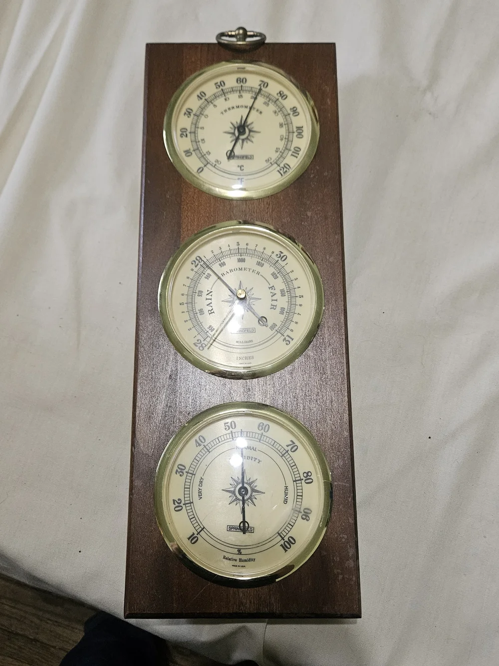 Brown Wood Wall Weather Station with Cream Dials